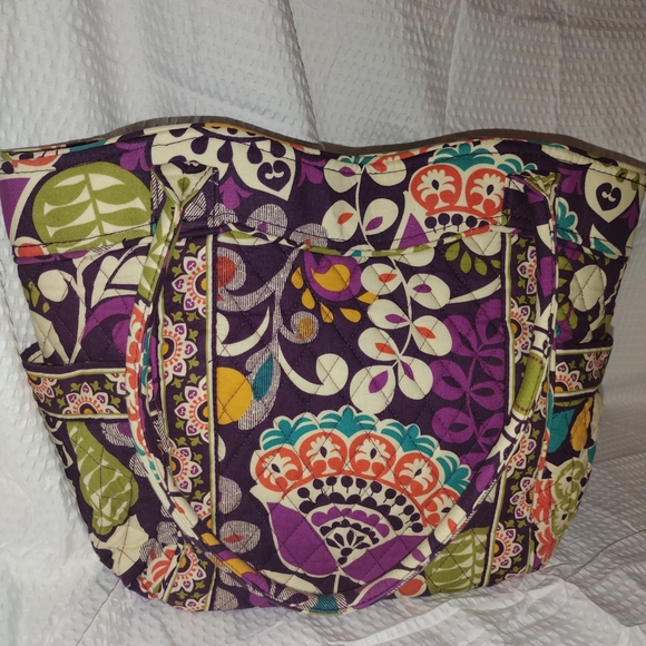 Vera Bradley Plum Crazy Pleated Tote Shoulder Bag 16"x12" x5" - Picture 3 of 12